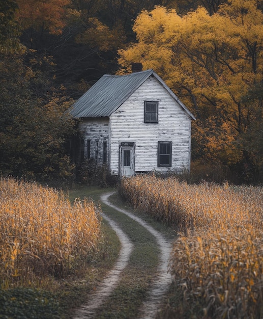 Photo charming autumn rural landscape featuring a quaint house and winding path