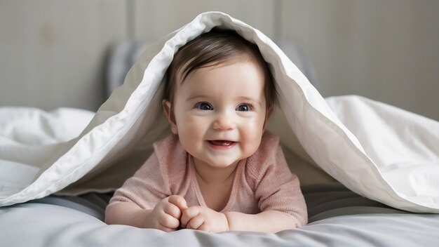 Charming baby girl is lying on the bed under white blanket and smiling