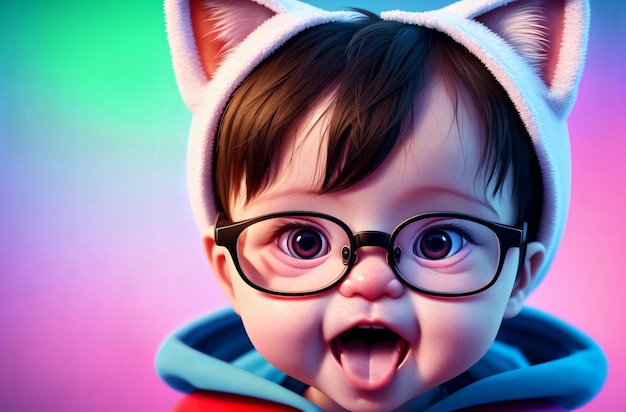 Charming baby in glasses Cute kid in costume of cat with ears Generative AI