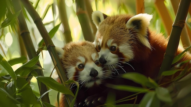 Photo charming baby red pandas playing in a bamboo forest