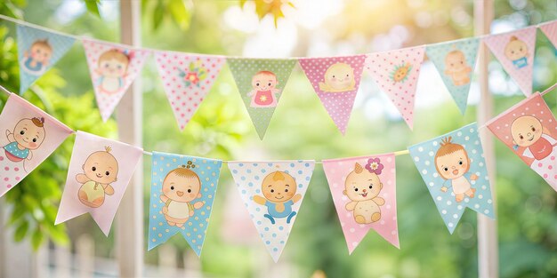 Photo a charming baby shower banner with pastel colors and cute babythemed illustrations in the background