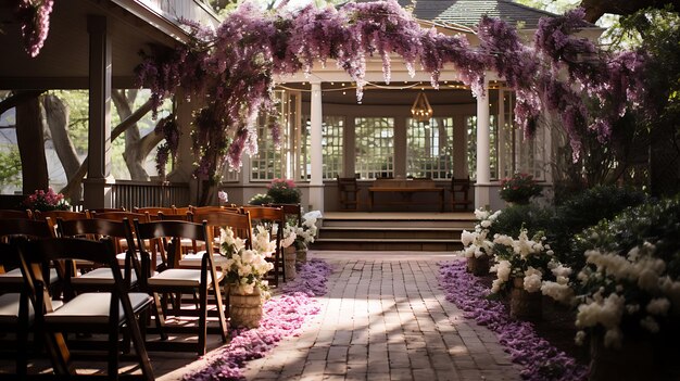 Photo charming backyard pergola wedding with hanging wisteria generative ai