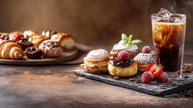 Photo a charming bakery set showcasing a selection of pastries including creamfilled donuts chocolate croissants and fruit tarts the set is paired with a cold brew coffee served in a stylish glass