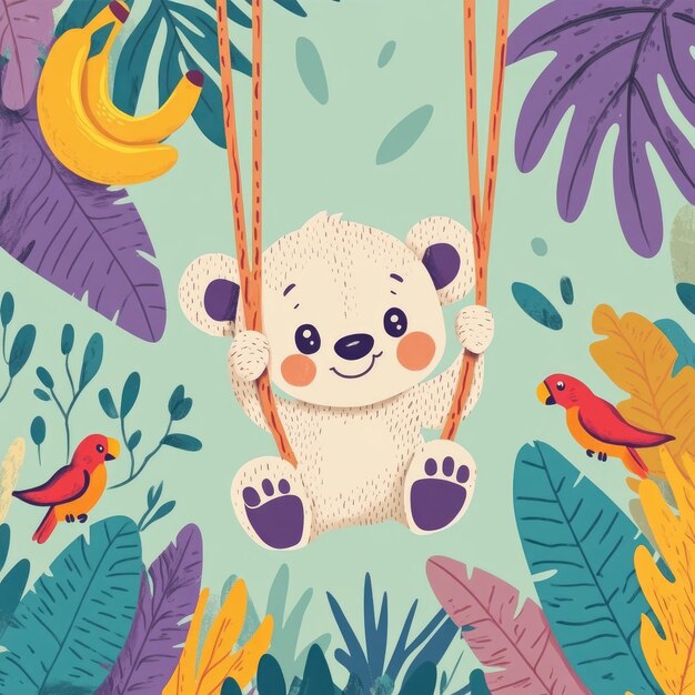 Charming Bear Cub on Vine Surrounded by Vibrant Jungle Plants