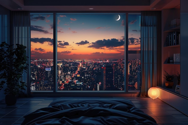 Charming Bedroom with Breathtaking Night City View AIgenerated Image