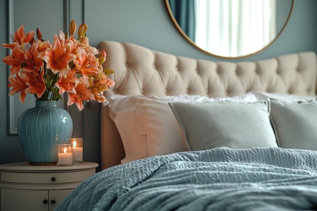 Photo charming bedroom with cozy bed elegant mirror and stylish lamp on a beautiful bedside table