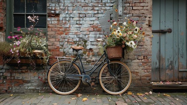 Photo charming bicycle adorned with colorful flowers resting against a rustic brick wall in a quaint alleyway during autumn