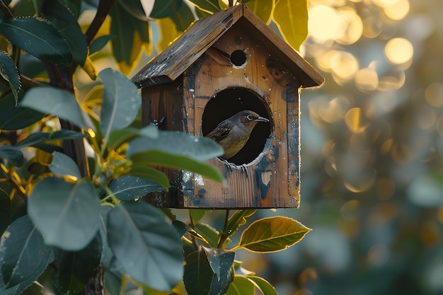 Photo a charming birdhouse scene with a feathered friend at dusk