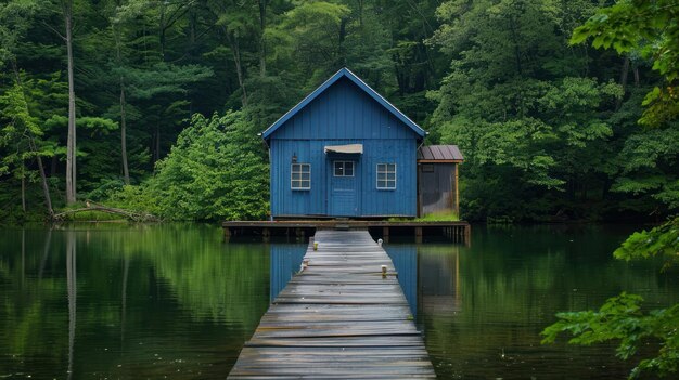 Charming Blue Boathouse with Dock on a Lake