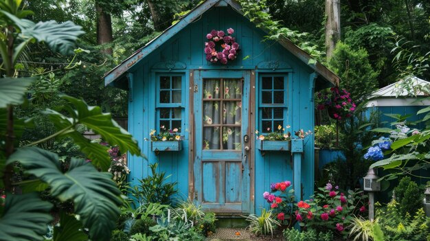 Charming Blue Garden Shed with Floral Accents