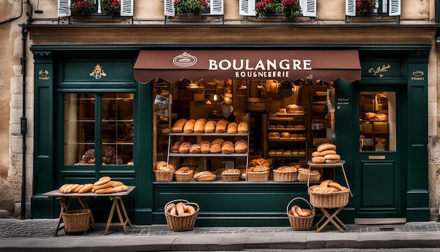 A charming boulangerie with baskets of freshly baked bread in the window