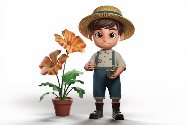 Charming Boy In Straw Hat And Suspenders With Metal Container In A Garden Setting