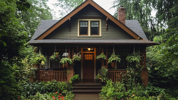 Photo charming bungalow with a front porch and hanging plants