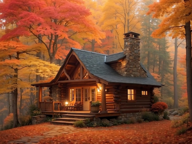 A charming cabin nestled in a sea of vibrant autumn foliage with a warm glow emanating from its windows