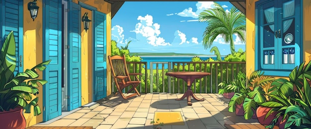 A Charming Caribbean Cottage With A Table By The Window Cartoon style