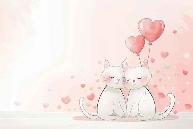 Photo charming cartoon cats in love with heart balloons on pastel background