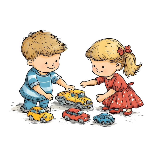 Photo charming cartoon characters playing with toy vehicles on clean background