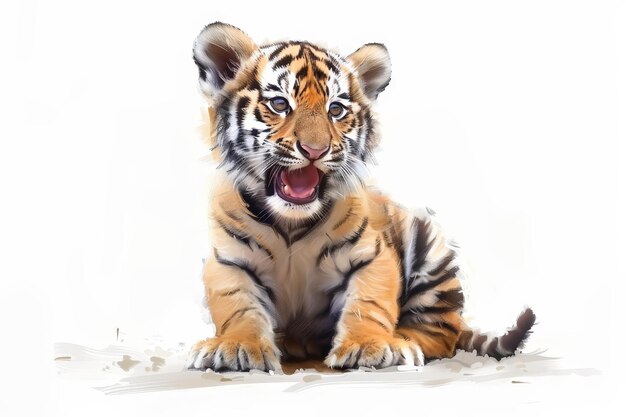 In a charming cartoon and Chinese ink painting style a cute baby Northeast Tiger sits cheerfully on the ground smiling directly at you