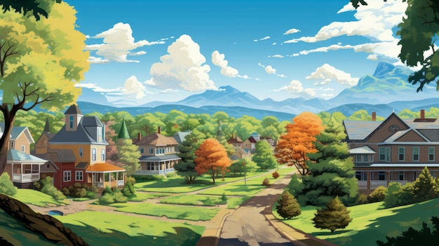 Charming Cartoon Illustration Of Yellow Springs Ohio With Serene Mountain Backdrop