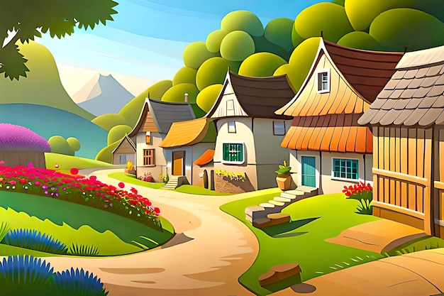 Charming cartoon village landscape background with cozy cottages and thatched roofs