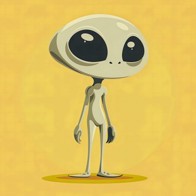 A charming cartoonstyle illustration of an alien with large expressive eyes and a slight smile set against a warm soft orange background