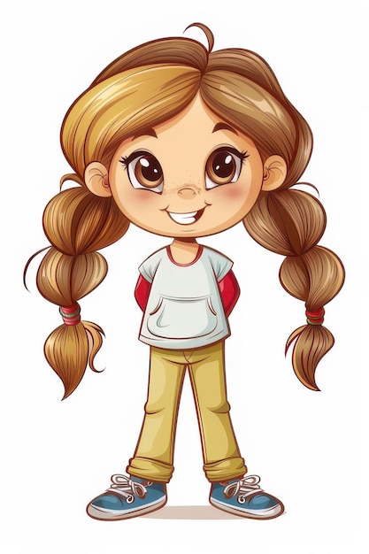 Photo charming cartoonstyle illustration of a young girl with long hair standing confidently in casual clothes smiling