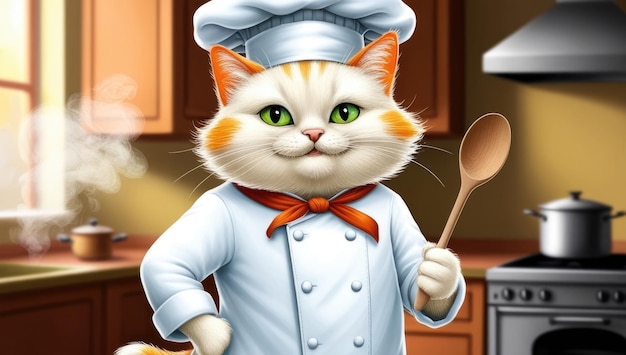 Photo charming cat chef in kitchen holding wooden spoon ai