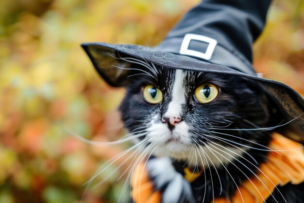 Photo a charming cat a witch costume for halloween contributing a whimsical flair to the festivities copy space