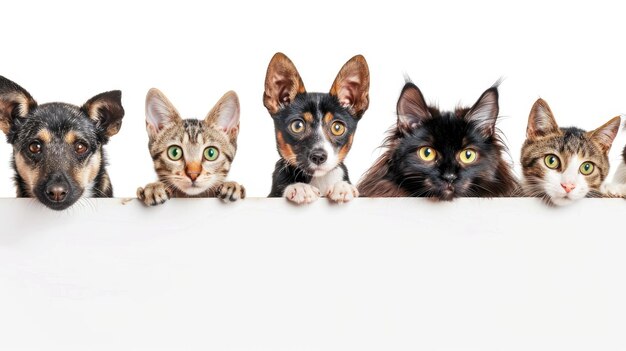 Charming cats and dogs peek over white web banner