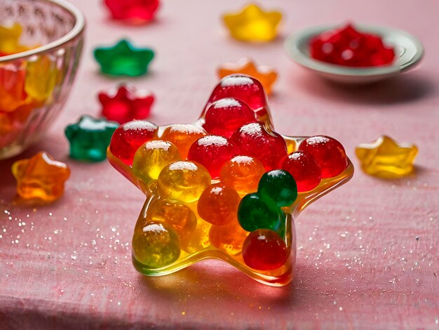 Photo a charming centerpiece of gummies arranged in the shape of a star set on a festive table