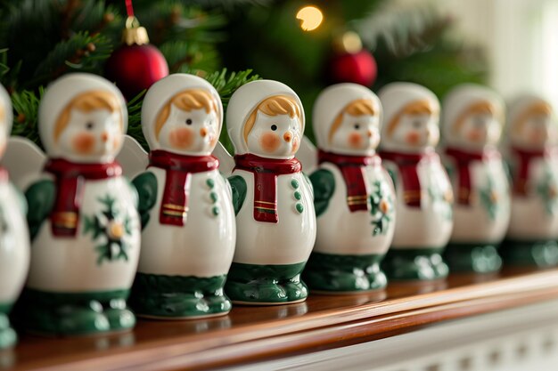 Photo charming ceramic angels handpainted and glossed displayed on a mantlepiece reflecting the vintage yu