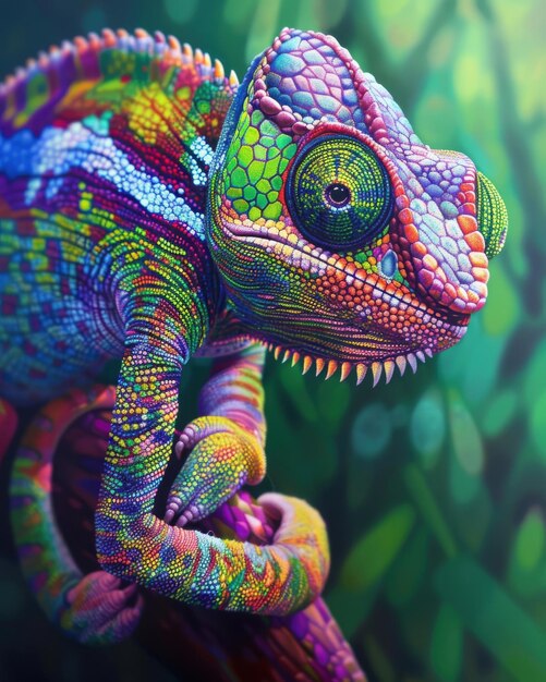 A charming Chameleon its colors shifting with a backdrop that transitions from emerald to sapphire