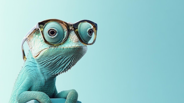 Photo a charming chameleon wearing glasses poses against a light turquoise background showcasing its vivid colors and unique personality