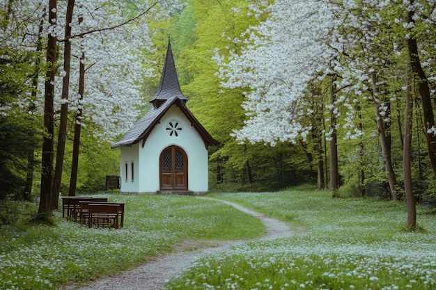 Photo charming chapel amidst blooming trees in a tranquil forest during springtime