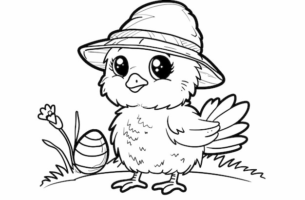 Photo charming chick with hat and easter eggcoloring book