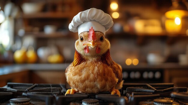 A charming chicken dressed as a chef stands proudly atop a stove ready to create culinary magic in a cozy kitchen filled with warm light