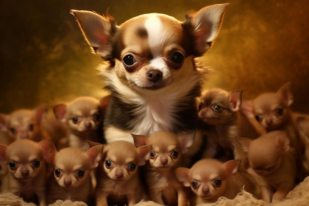 Charming Chihuahua with a Litter of Newborn Puppies Generative AI