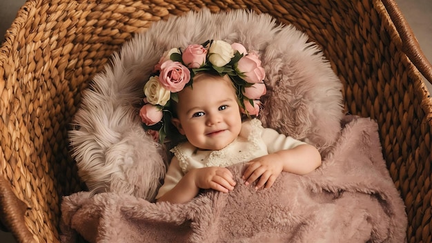 Charming child in rose wreath lies on fluffy blanket in brown basket