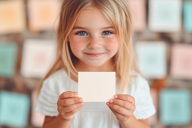 Photo charming child in scandinavianinspired room holding a tiny paper cards