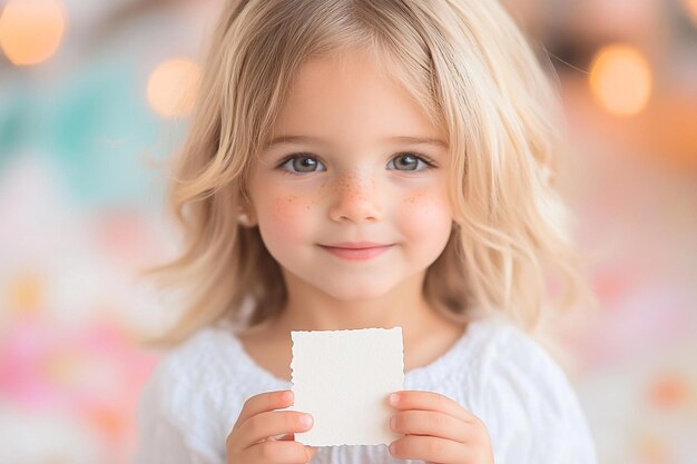 Photo charming child in scandinavianinspired room holding a tiny paper cards