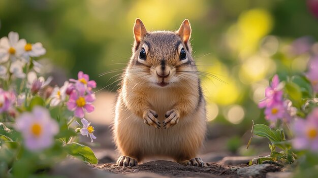 Charming Chipmunk Surrounded by Colorful Flowers