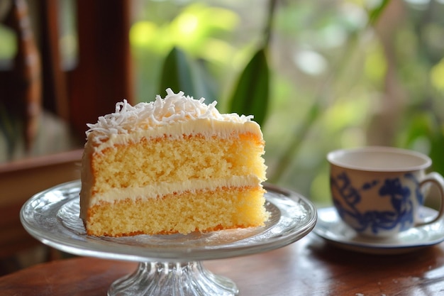 Photo charming coconut cake with light coconut cream frosting and garnished with coconut shreds