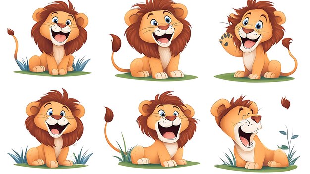 Photo a charming collection of cartoon lions in playful roaring poses great for junglethemed illustratio