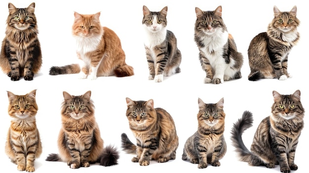 A charming collection of cats captured in various adorable poses each displaying its unique personality against a pristine white background