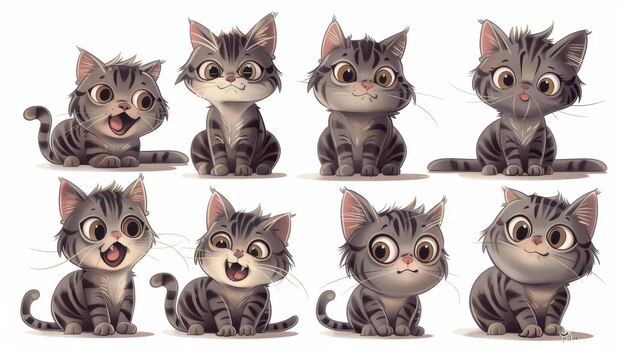 Photo charming collection of playful cartoon cats expressing various emotions in cute poses