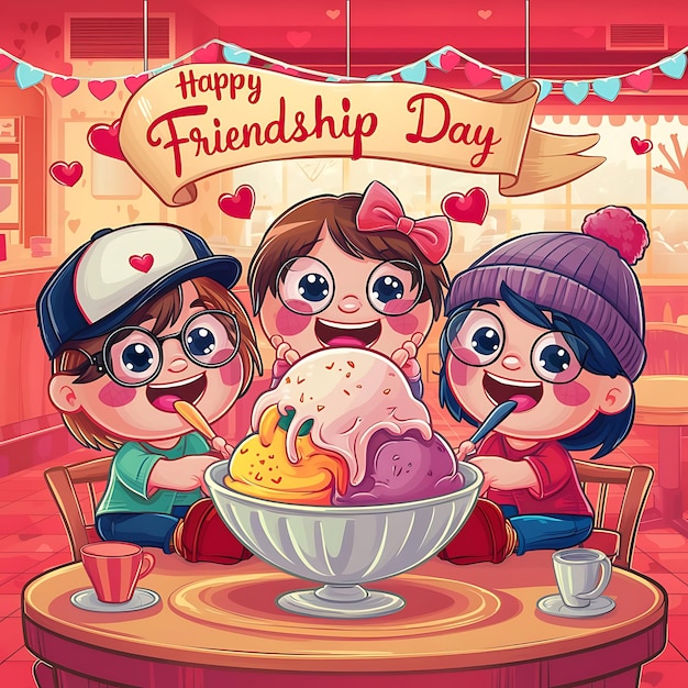 A charming and colorful cartoon illustration of a group of friends celebrating Friendship Day