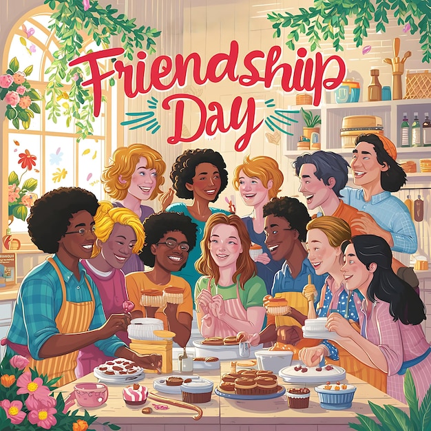 A charming and colorful cartoon illustration of a group of friends celebrating Friendship Day