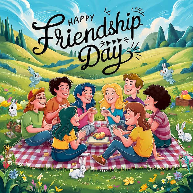 A charming and colorful cartoon illustration of a group of friends celebrating Friendship Day