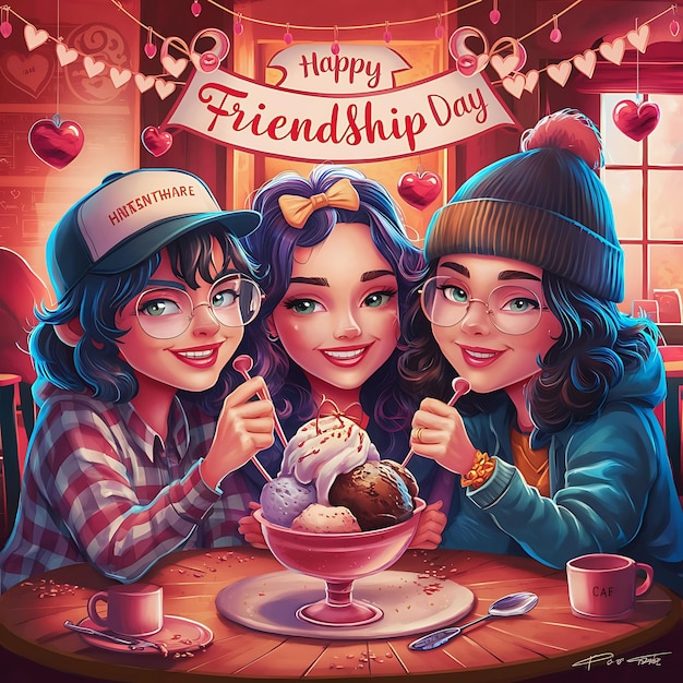 A charming and colorful cartoon illustration of a group of friends celebrating Friendship Day