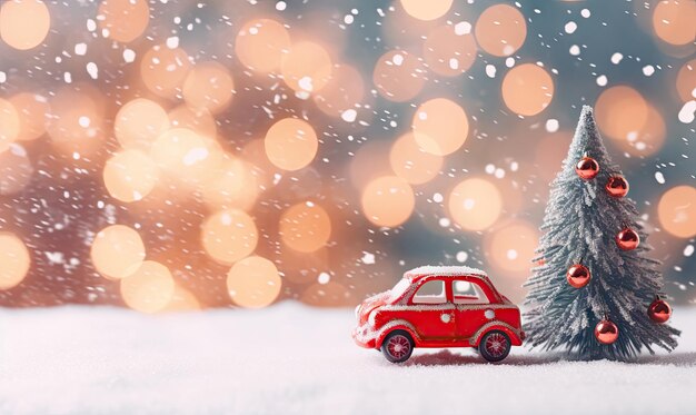 Charming composition of a toy car and a decorated tree captures the essence of festive excitement and holiday warmth AI generative